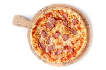 traditional neapolitan pizza with    tomato, mozzarella and wurstel from above and close up isolated on white wooden table