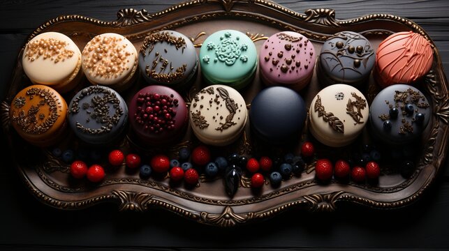 Assorted gothic style cakes with different dark icings. Decorated sweets for themed holiday events, Halloween treats for children and adults, dessert for parties and masquerade.