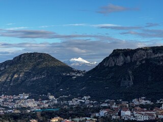 mountain view of Vesuvius volcano with snow 