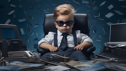 Serious business baby boss in the office. Generative AI