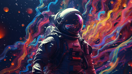 AI-Generated Universe: A Vivid Astronaut Exploration in a Surreal, Colorful Galaxy