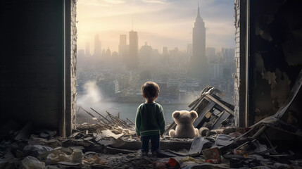young child is looking at a destroyed city after war - obrazy, fototapety, plakaty