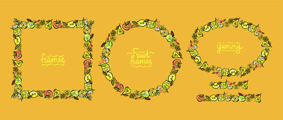 Fruit frames set and fruit brushes set, vector graphic illustration