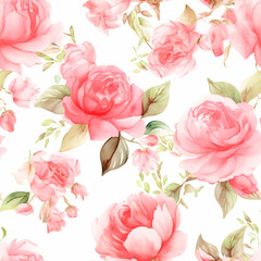 Pink roses, Seamless watercolor floral patterns, with flowers and foliage. Japanese abstract style. Use for wallpapers, backgrounds, packaging design, or web design