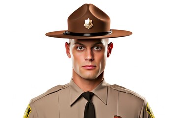 High Key Image of Drill Sergeant Hat against Military Costume as Occupation for Police and Military Personnel - obrazy, fototapety, plakaty