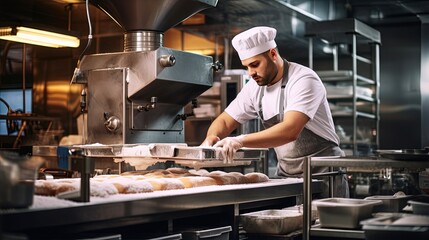 Inside an Industrial Bakery: Male Chef Kneading Dough with Equipments in a Stainless Steel Kitchen and Manufacturing Oven for Baking