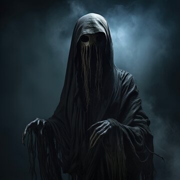 Male Dementor in Dark Night. Portrait of Evil Human in Malevolent Costume, Inciting Fear and Death