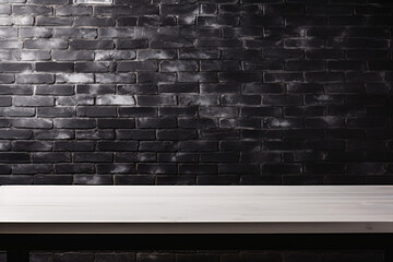 black Brick wall texture pattern with empty table for display products. backdrop
