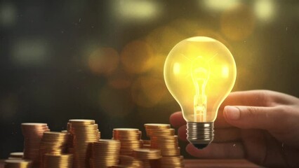 A hand holding a light bulb over a pile of coins, representing the concept of financial innovation and success. Generative ai