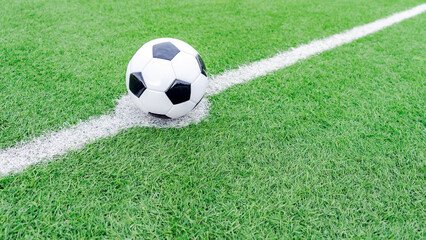 Soccer ball on the grass in the football field. Sport bets in betting shops. Copy space.