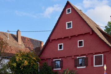 Historic buildings at the famous old town of Freiberg am Neckar. Germany clock tower of old town hall. Colorful half-timbered houses in historical medieval Old Town, Germany. Beautiful postcard view