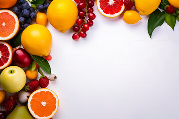 Assortiment de fruit sur table blanche vue de dessus, avec place pour texte