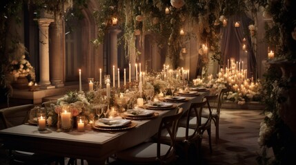 Generate a romantic wedding reception scene with softly lit candles, a long dining table