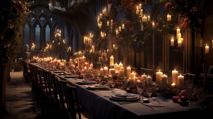 Fototapeta na wymiar a romantic wedding reception scene with softly lit candles, a long dining table