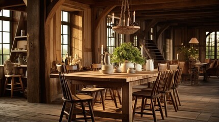 Fototapeta na wymiar Generate a rustic, countryside dining room with a farmhouse table, mismatched chairs, and a chandelier casting a warm glow over the setting