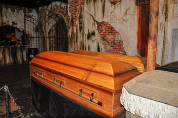 Casket and spooky cemetery and scary things.