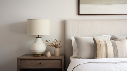 Generate a serene bedroom scene with a view of a tripod lamp on a nightstand, surrounded by soft, muted colors and textured fabrics