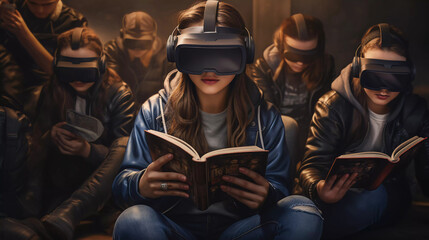young girl is reading a book in a group of kids with vr glasses