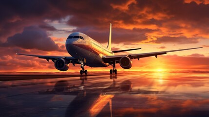 Passenger airplane taking of at sunrise