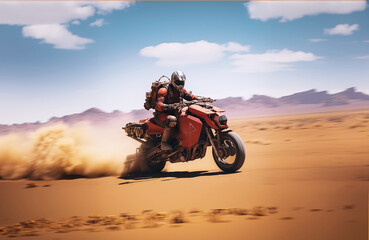 Extreme post-apocalyptic cyberpunk prototype motorcycle Riders racing on sand track, desert in the background.	