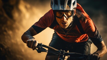 Young man riding bicycle on mountain trail. Generative AI