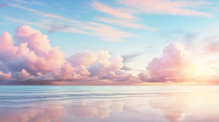 Naklejka na ściany i meble Produce an image of a tranquil beach at sunset with soft, pastel-colored clouds reflecting on the water's surface