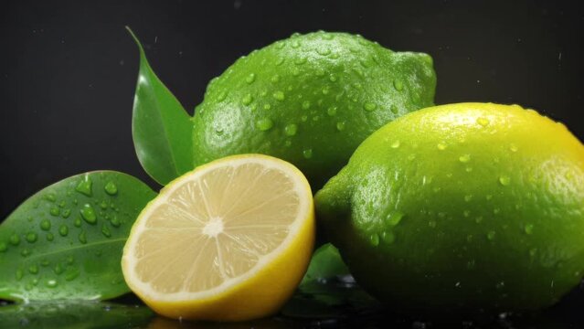 A vibrant citrus fruit duo - a lemon and a lime - capturing the freshness and tanginess of nature's zesty delights. Generative ai