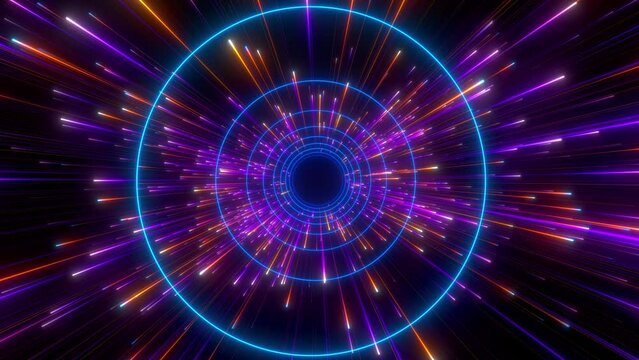 Abstract background in blue and purple neon glow colors. Speed of light in galaxy. Explosion in universe. Space background for event, party, carnival, celebration, anniversary or other. 3D rendering.