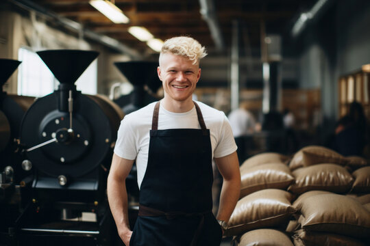 Professional coffee roaster in the background of production, local roastery and bags of coffee.