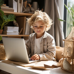 Cute child studying near laptop at home, remote learning with modern technologies. Toddler at the computer, development and education for children.