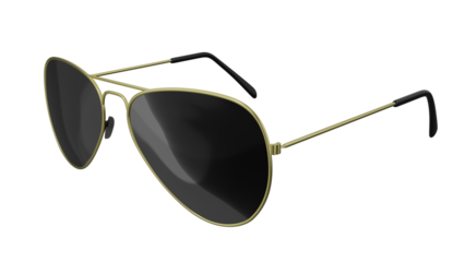 Black aviator sunglasses in golden frame isolated on white and transparent background. Glasses concept. 3D render