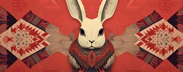 Chinese new year of the rabbit on red colours. Created with Generative AI