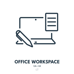 Office Workspace Icon. Workplace, Laptop, Desktop. Editable Stroke. Simple Vector Icon
