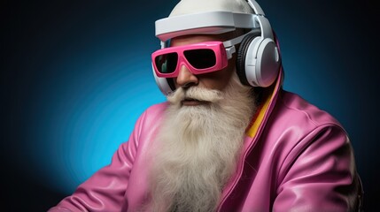 stylish Santa Claus in a trendy rainbow-tinted VR headset embarks on a virtual holiday adventure on metaverse