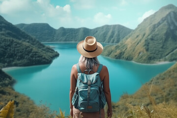girl tourist stands in the Thailand lake view. a traveler with a backpack and a hat stands with his back with a beautiful jungle lake view. Generative AI