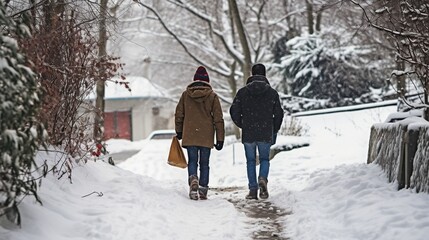 back view couple walking hand in hand in winter