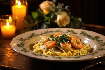 Gourmet Elegance: Captivating Shrimp Scampi Close-Up on a Beautifully Crafted Plate. Garlic butter, and the pasta is perfectly al dente, adorned with fresh herbs.