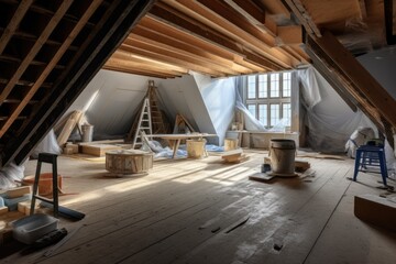 Attic Renovation evolution: Construction Site for Finishing the Attic with Big Windows, Capoto, and Drywall.