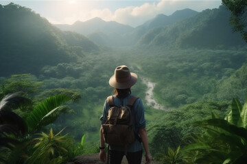 girl tourist stands in the Amazon jungle. a traveler with a backpack and a hat stands with his back with a beautiful jungle view. Generative AI
