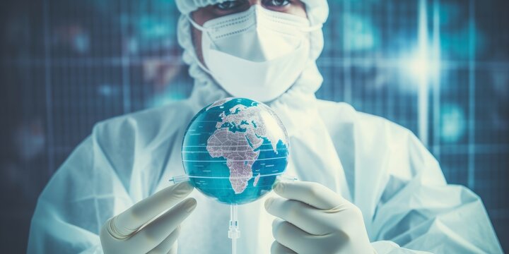 Dedicated Doctor, Wearing White Gloves and a Mask, Administers a Coronavirus Syringe Against a World Map, Symbolizing Global Efforts in the Fight Against COVID-19 and Vaccination Campaigns