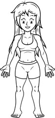 Mujer vista de frente con los brazos extendidos mostrando las diferentes partes del cuerpo, ilustración en blanco y negro.