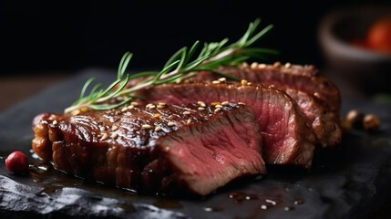 Sliced steak. Created with Generative AI technology.