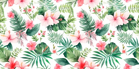  Seamless watercolor tropical patterns, with flowers and foliage. Japanese abstract style. Use for wallpapers, backgrounds, packaging design, or web design © Laura