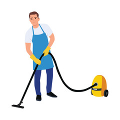 Cleaning service man with vacuum cleaner. Male janitor. Flat vector illustration isolated on white background