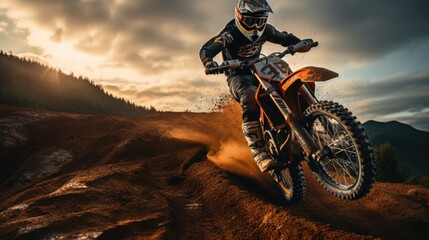 Naklejka premium Motocross racer performing on a dirt track. Generative AI
