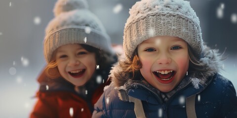 Pure Joy of Two Smiling Little Kids Playing and Chasing Snowflakes Around, Embracing the Delight of Childhood in a Winter Wonderland