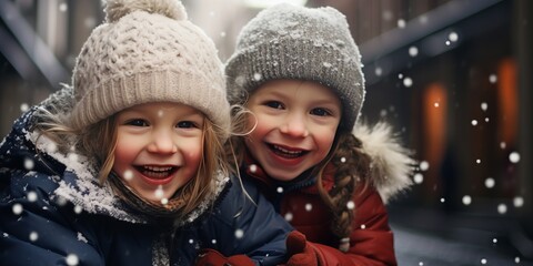 Pure Joy of Two Smiling Little Kids Playing and Chasing Snowflakes Around, Embracing the Delight of Childhood in a Winter Wonderland