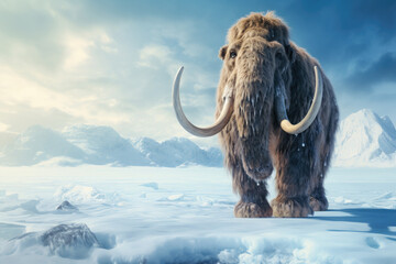 A woolly mammoth walking across a frozen tundra - obrazy, fototapety, plakaty