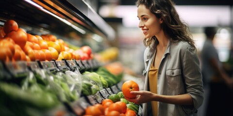 Woman Engaging in Grocery Shopping, Selecting Fresh Fruits and Vegetables in a Supermarket,...