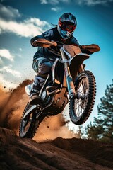 Fototapeta na wymiar Motocross racer performing on a dirt track. Generative AI